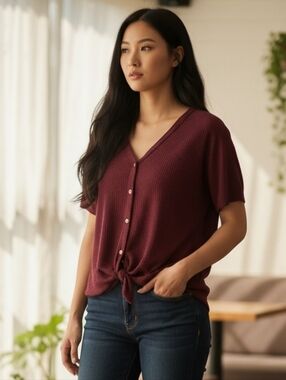 Fun Burgundy Button Down Waffle Shirt With Mid-tie